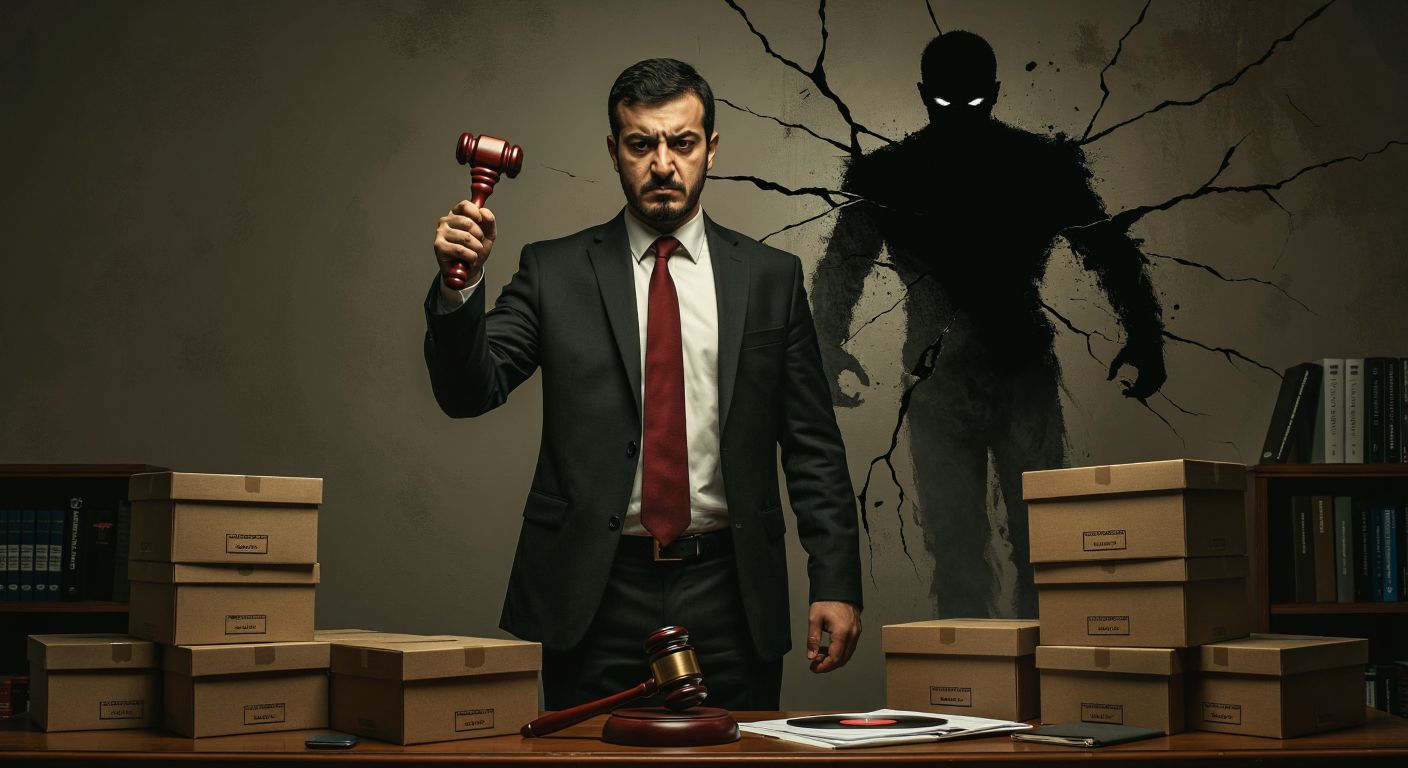 A stern Turkish businessman in a suit stands protectively in front of a stack of software boxes, holding a gavel while a shadowy figure sneaks away with a cracked CD in the background.