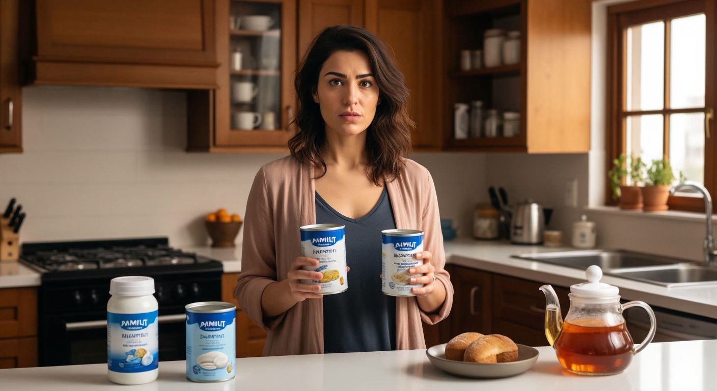 A Turkish mother in a cozy kitchen holding two baby formula cans—one labeled Aptamil with a recognizable Danone logo and another generic unlabeled can—while looking confused yet determined, with a baby bottle and traditional Turkish çay on the counter.