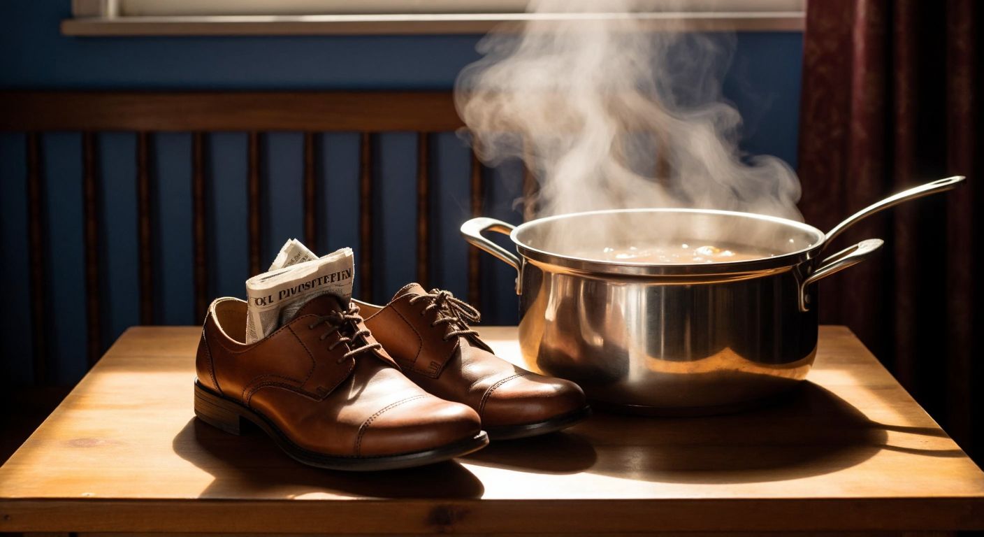 A pair of brown leather shoes stuffed with damp newspaper sits on a wooden table, with steam gently rising from a nearby pot of boiling water, evoking a cozy Turkish home setting.