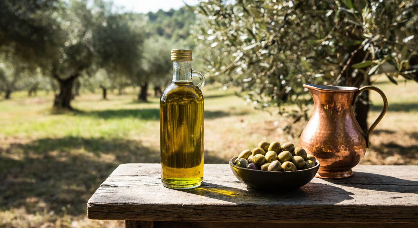 A rustic wooden table in a sunlit Turkish olive grove, with a glass bottle of golden-green olive oil, a bowl of fresh olives, and a traditional copper pitcher, evoking authenticity and natural quality.