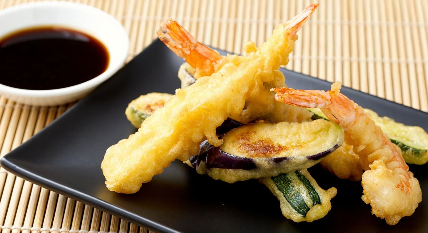 A golden-brown crispy tempura assortment featuring shrimp, eggplant, and zucchini, lightly coated in batter, arranged on a bamboo mat beside a small dipping bowl of dark sauce.