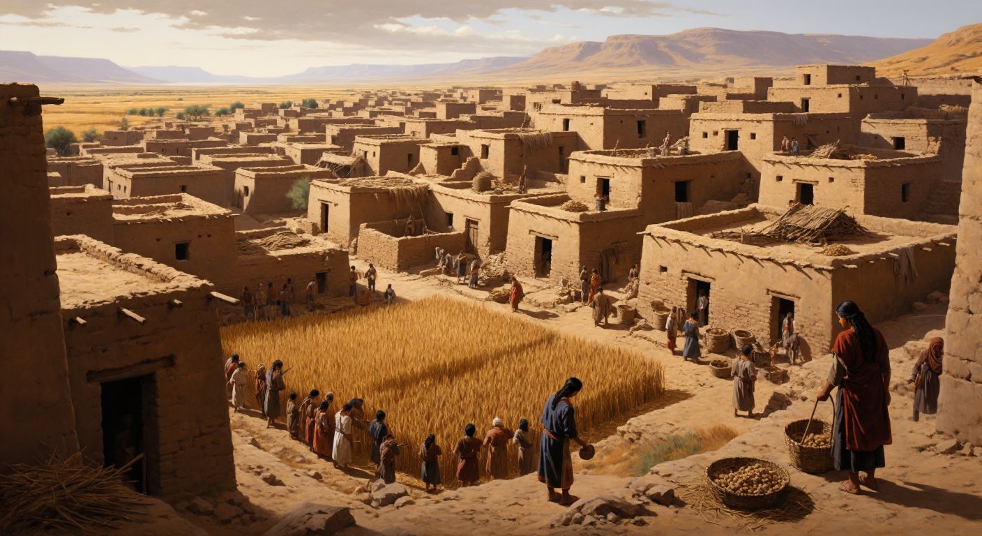 A sunlit ancient settlement of mud-brick houses with flat roofs, where men and women work side by side harvesting golden wheat fields, while clay figurines of a mother goddess and painted bull murals adorn the walls of their homes.