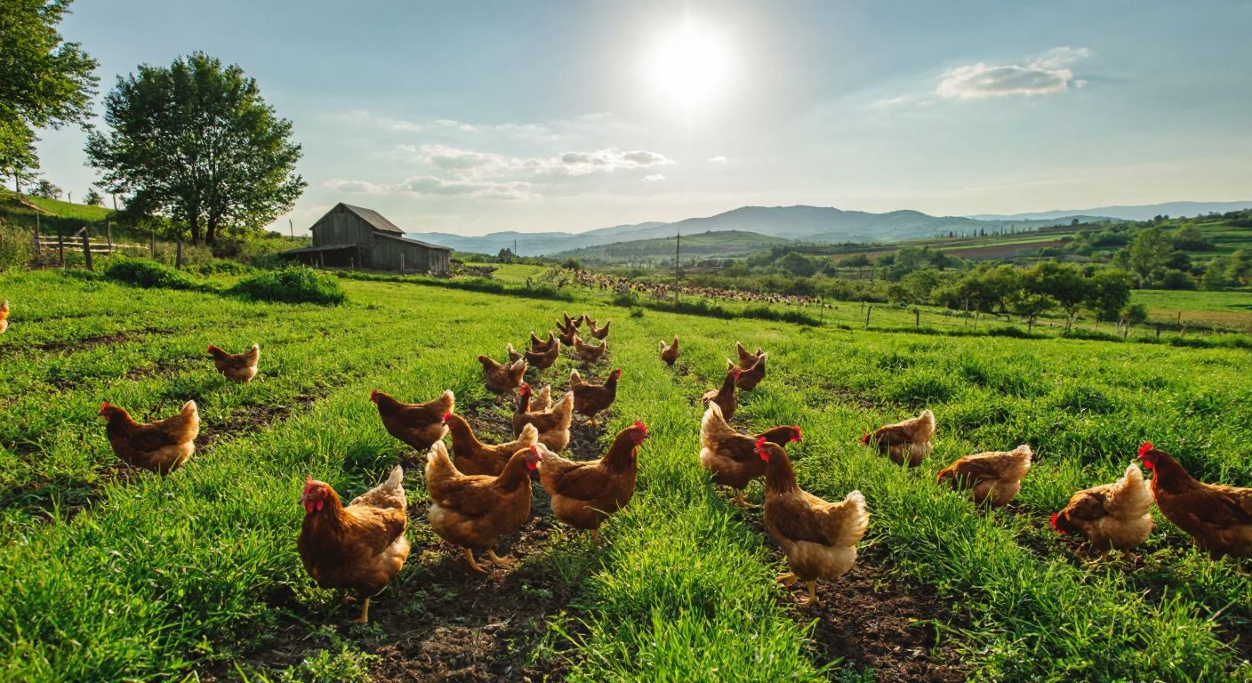 A lush green farm in Samsun Bafra Plain with free-range organic chickens pecking at the fertile soil under a bright sun, surrounded by rolling fields and a rustic wooden barn in the background.