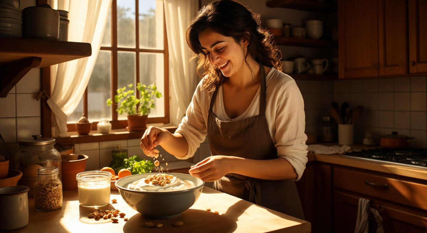 A Turkish woman in a sunlit kitchen smiles while sprinkling roasted peanuts over a bowl of creamy yogurt, with a small measuring cup nearby to emphasize portion control.