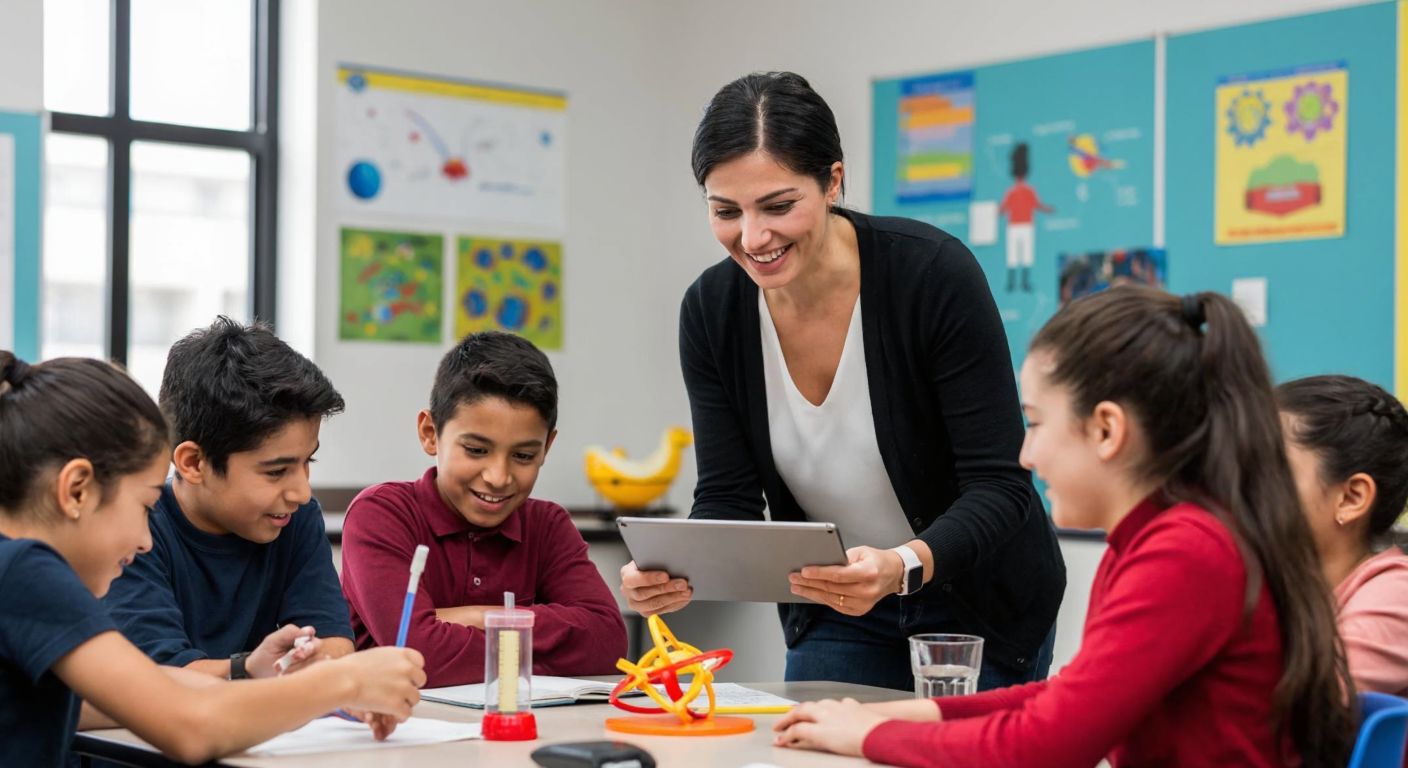A cheerful Turkish teacher in a modern classroom smiles while guiding a diverse group of engaged students using a tablet, surrounded by colorful educational posters and science models.
