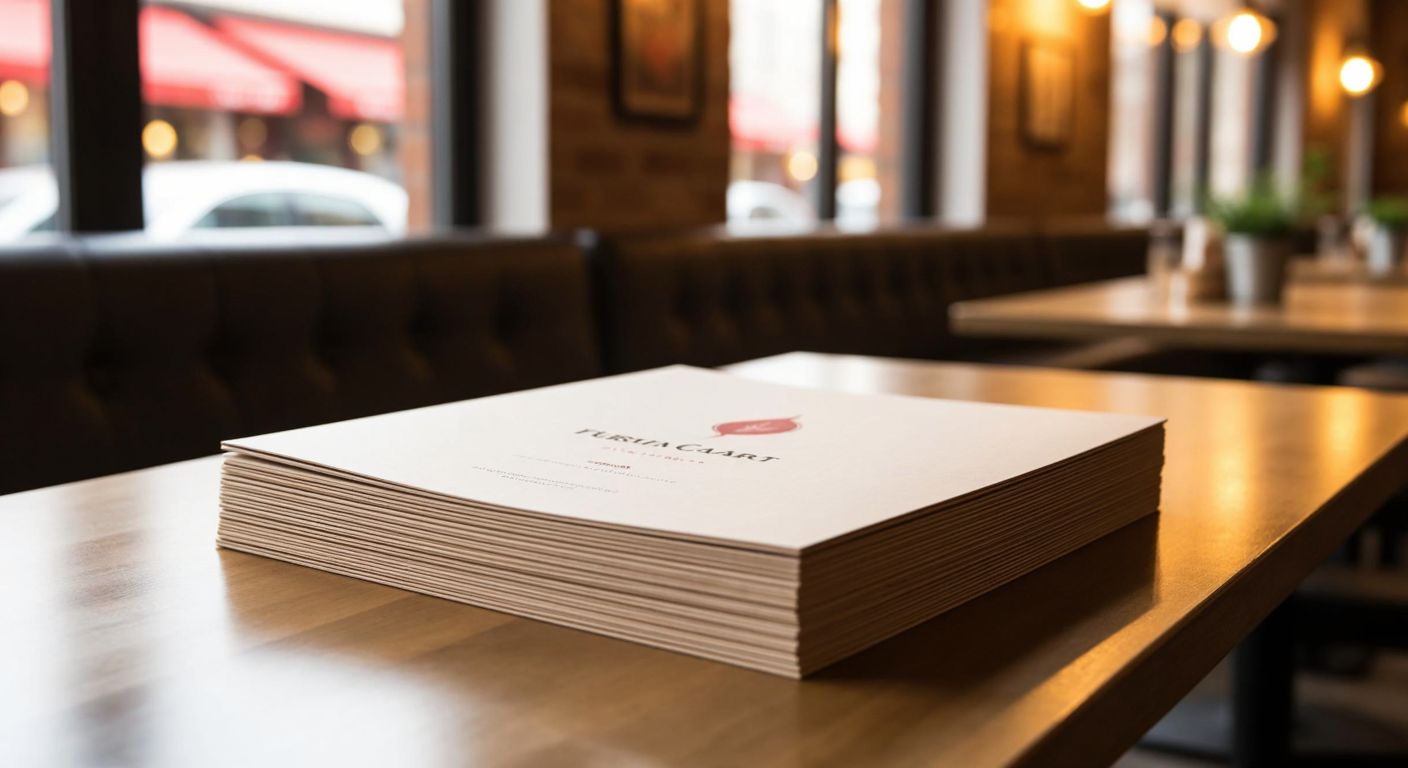 A neatly arranged stack of restaurant menus in various paper types—matte, glossy, kraft, and textured—placed on a wooden table in a cozy Turkish eatery, with warm lighting highlighting their distinct finishes.