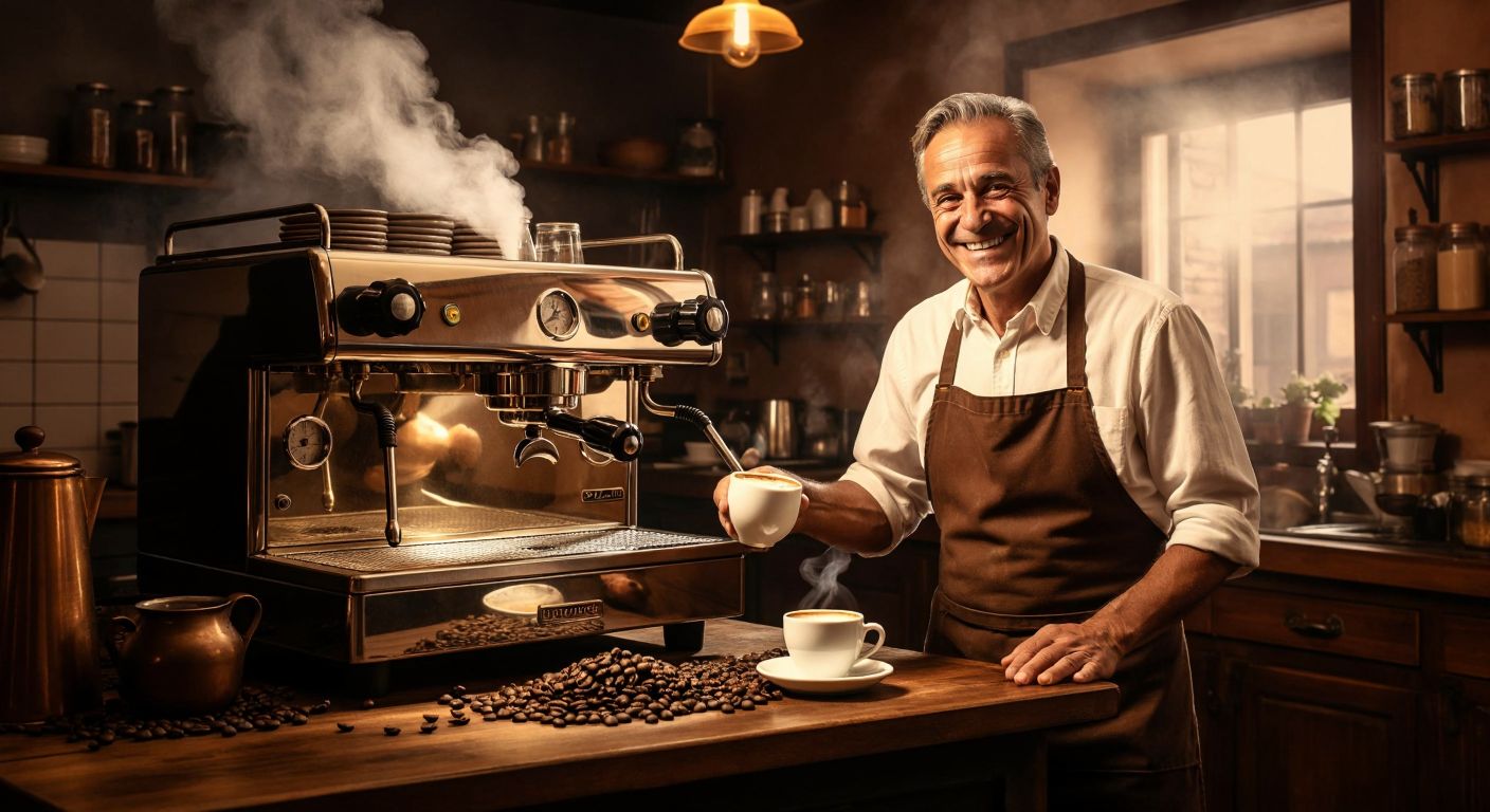 A rustic Italian café with a gleaming brass espresso machine steaming on the counter, surrounded by dark roasted coffee beans and a small cup of rich, crema-topped espresso, while an elderly Italian barista in an apron smiles proudly.