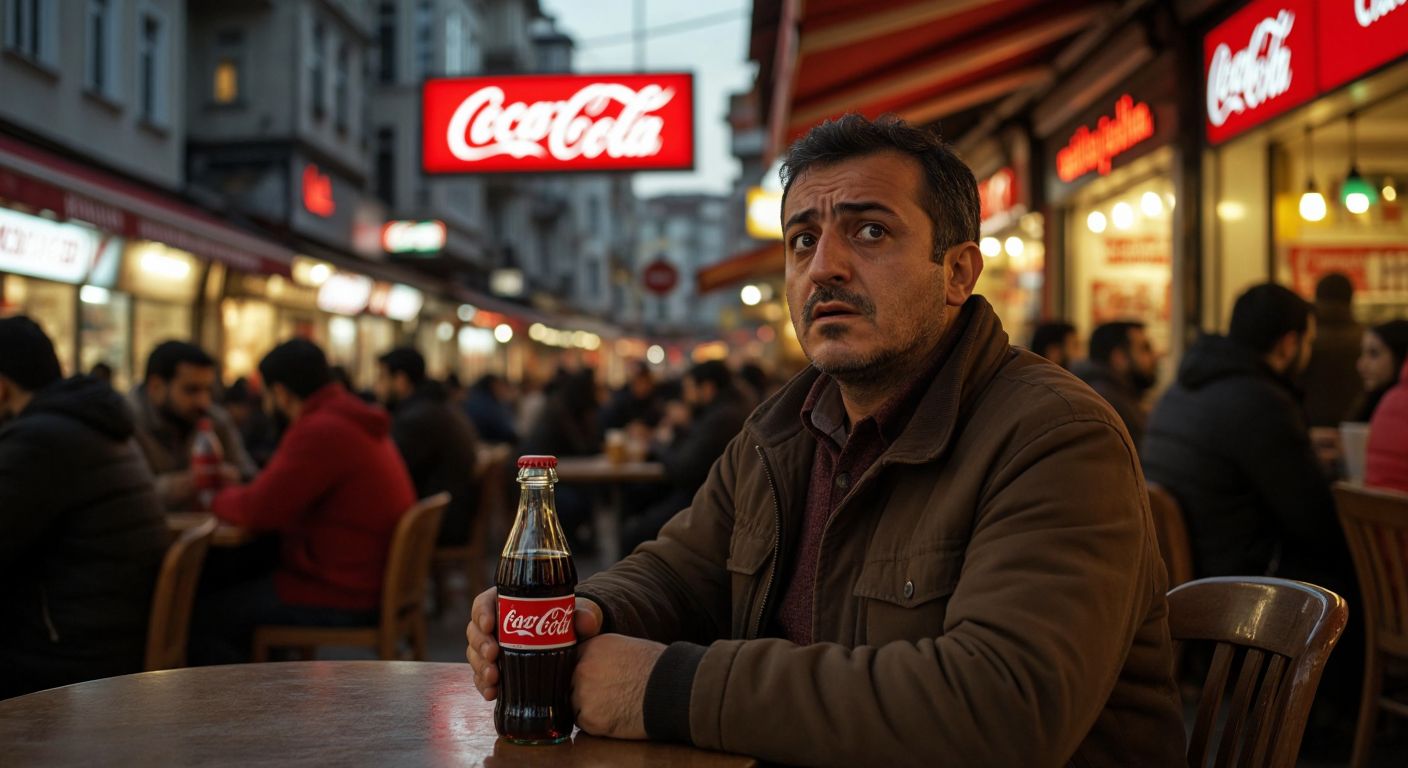 A puzzled Turkish man in a bustling Istanbul café holds an unlabeled cola bottle while glancing at a distant billboard displaying the Coca-Cola logo.