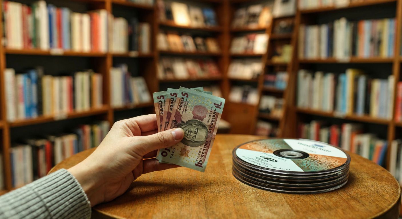 A hand holding a small stack of Turkish lira banknotes next to a physical CD labeled "Mürşit 5" placed on a wooden table in a cozy bookstore.