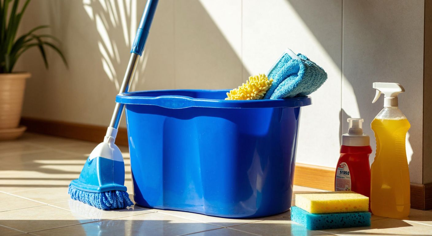 A sturdy blue plastic cleaning bucket with a mop inside, placed on a tiled floor in a sunlit Turkish home, surrounded by cleaning supplies like sponges and detergent bottles.