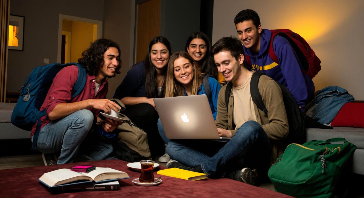 A group of smiling university students in a cozy dormitory lounge, one holding a laptop with a bright screen while others lean in curiously, surrounded by backpacks and books, with a warm Turkish tea set on the table nearby.