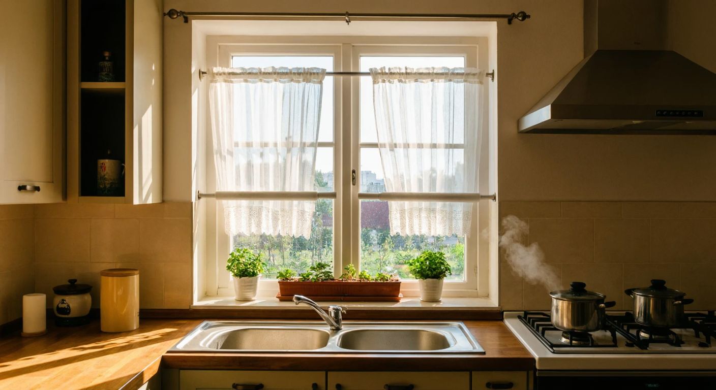 A cozy Turkish kitchen with a small window adorned by a short, airy tulle curtain, allowing soft sunlight to filter in while a steaming pot simmers on the stove nearby.