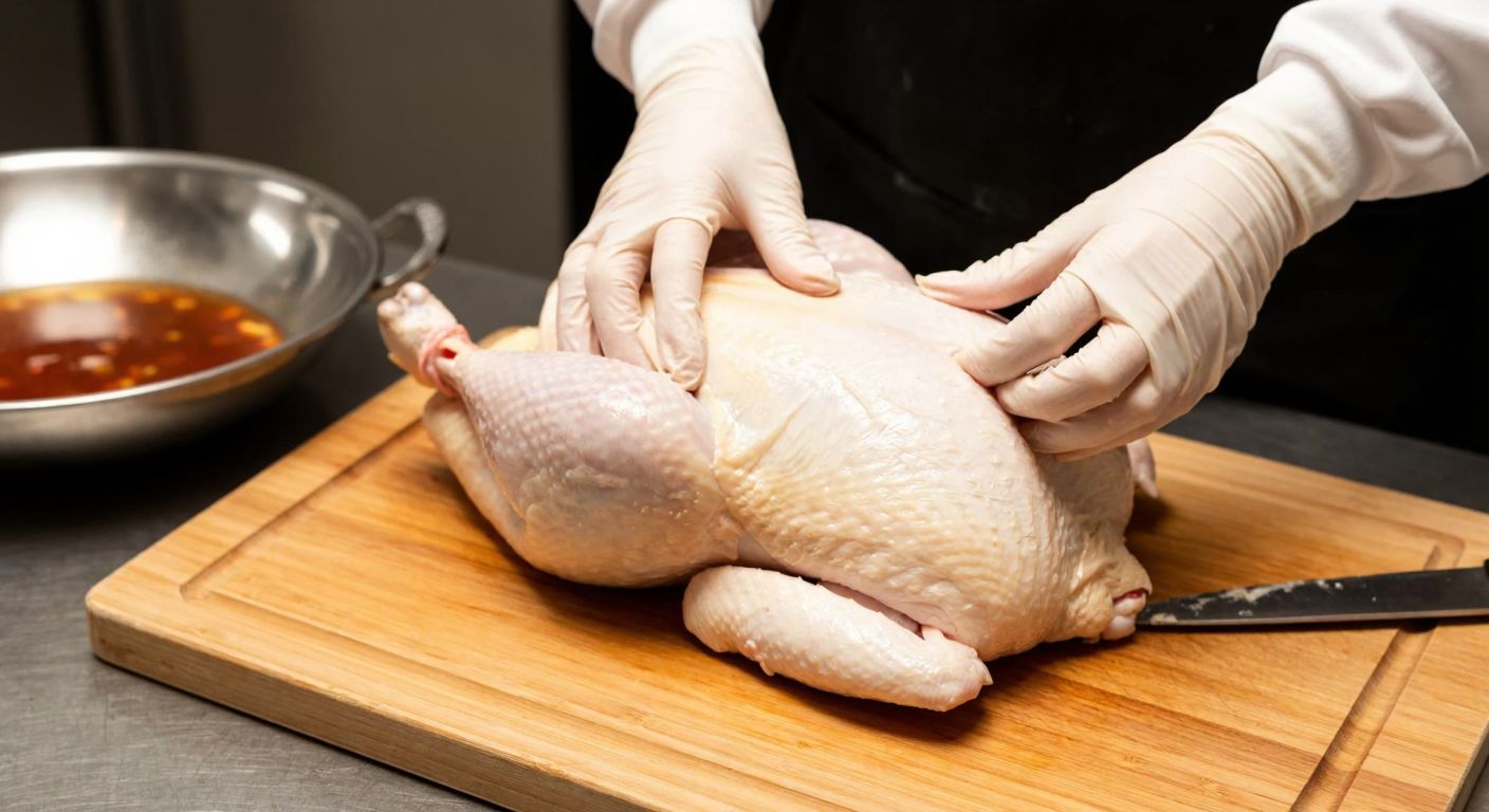 A close-up of a pair of hands in a Turkish kitchen, wearing rubber gloves, carefully plucking feathers from a freshly slaughtered chicken lying on a wooden cutting board, with a bowl of hot water and a knife nearby.