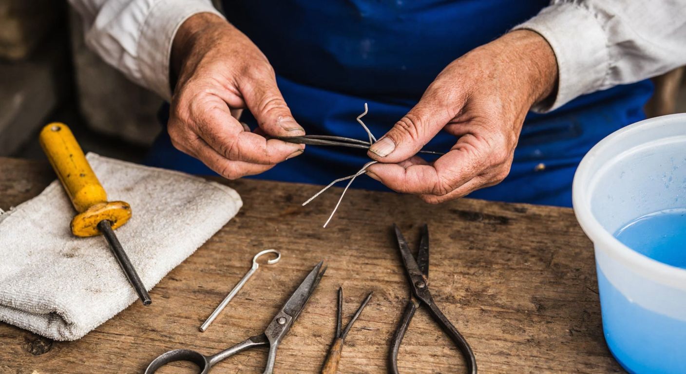 A close-up of a weathered Turkish craftsman's hands carefully shaping a thin metal wire into a needle on a rustic wooden table, with scattered tools like scissors, sandpaper, and a small bucket of water nearby.