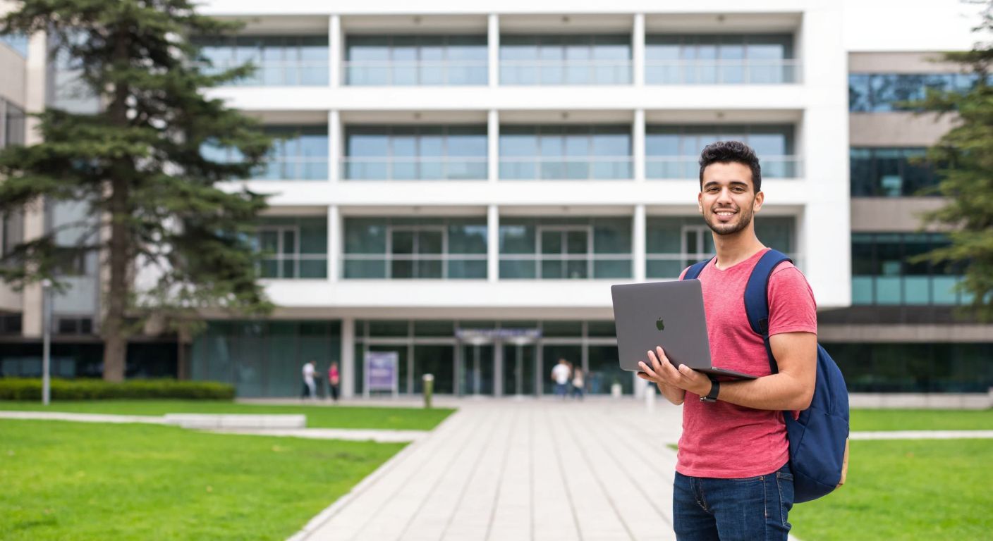 A young student in casual attire stands confidently in front of a modern university building in Istanbul, holding a laptop while smiling, with a clear path leading to the entrance.