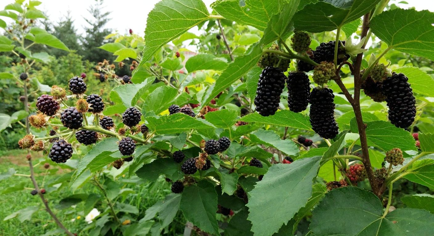 A lush garden in Turkey with two distinct plants side by side—one a thorny blackberry bush bearing small, round black fruits, and the other a mulberry tree with dark purple-black berries hanging from its branches.