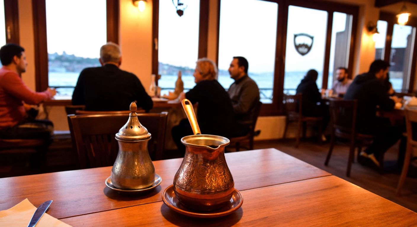 A cozy Istanbul café with a traditional Turkish teapot on a wooden table, surrounded by people chatting in a warm, inviting atmosphere near the Bosphorus.