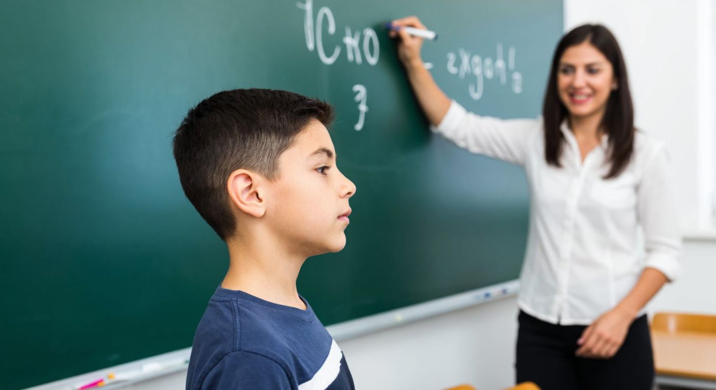 A young Turkish student in a classroom, intently solving a quadratic equation on a chalkboard, with a teacher smiling approvingly in the background.