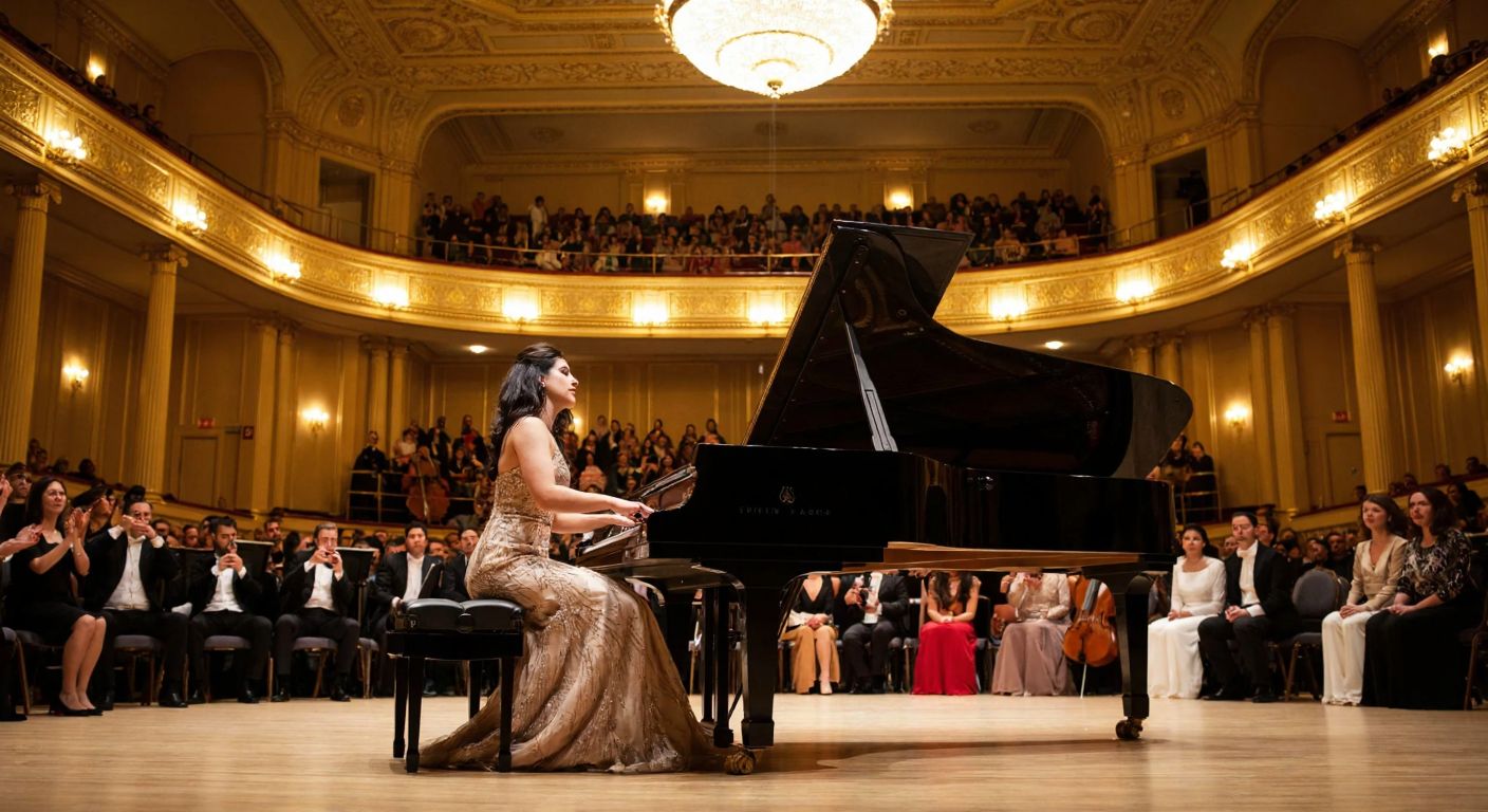 A poised Azerbaijani woman in an elegant dress performs passionately on a grand piano in a grand concert hall, surrounded by an attentive audience under warm golden lights.