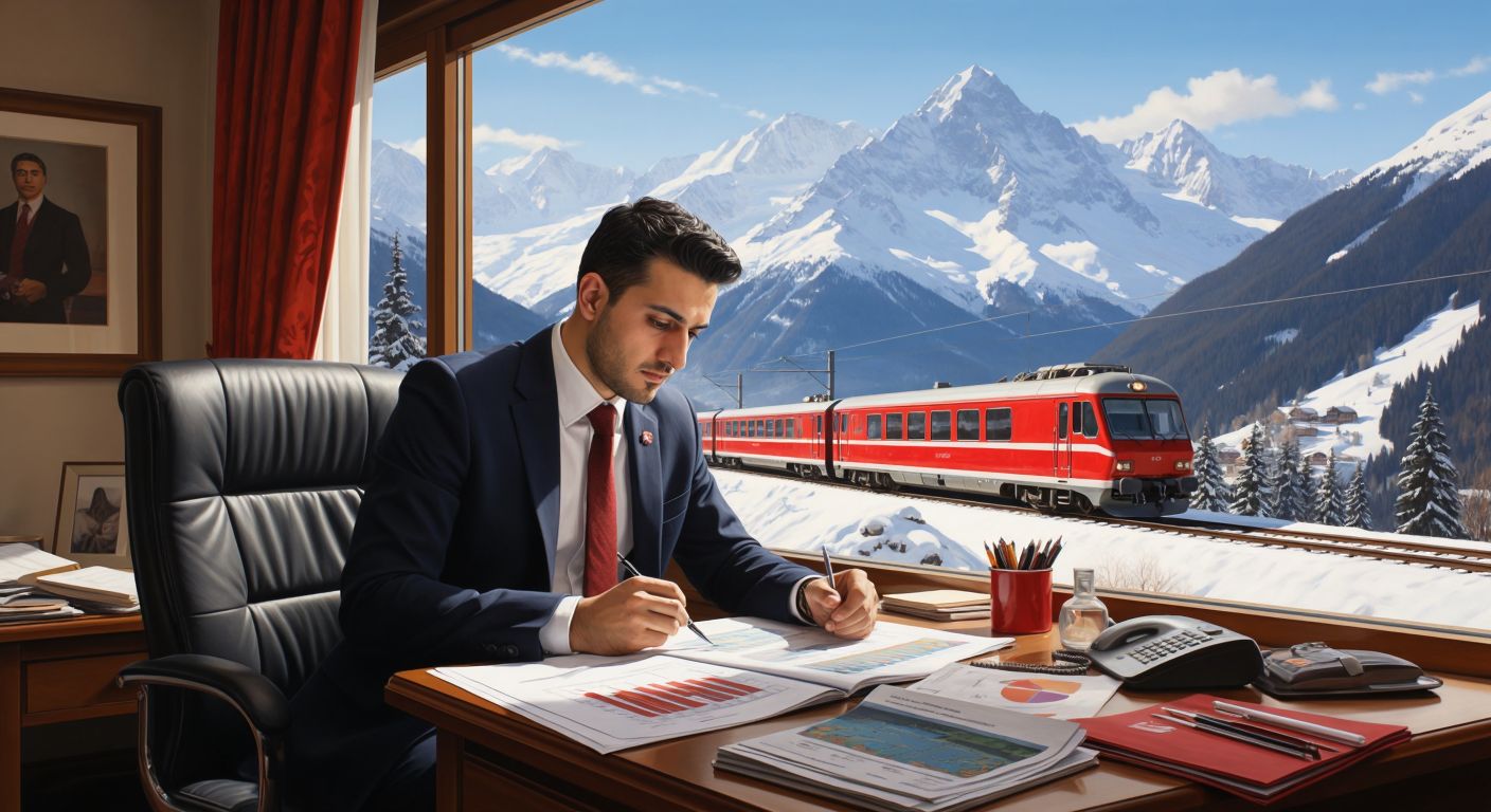 A Turkish businessman in a sleek office reviews financial charts while a Swiss train speeds through snowy mountains in the background, with a small charity ribbon pinned to his lapel.