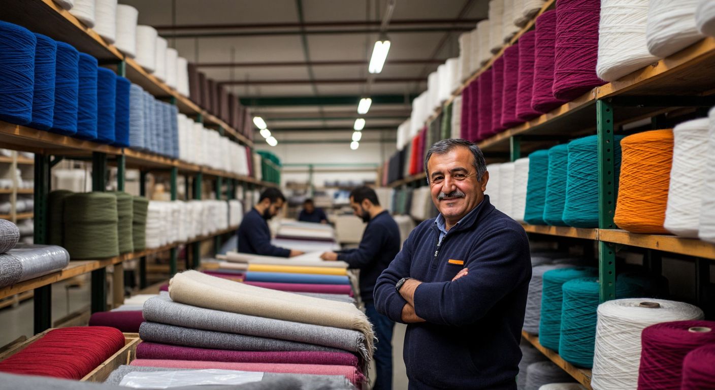 A bustling textile factory in Turkey with workers handling soft wool fabrics, shelves stacked with colorful yarn, and a proud middle-aged Turkish man (Ömer Küçükaslan) overseeing production with a warm smile.