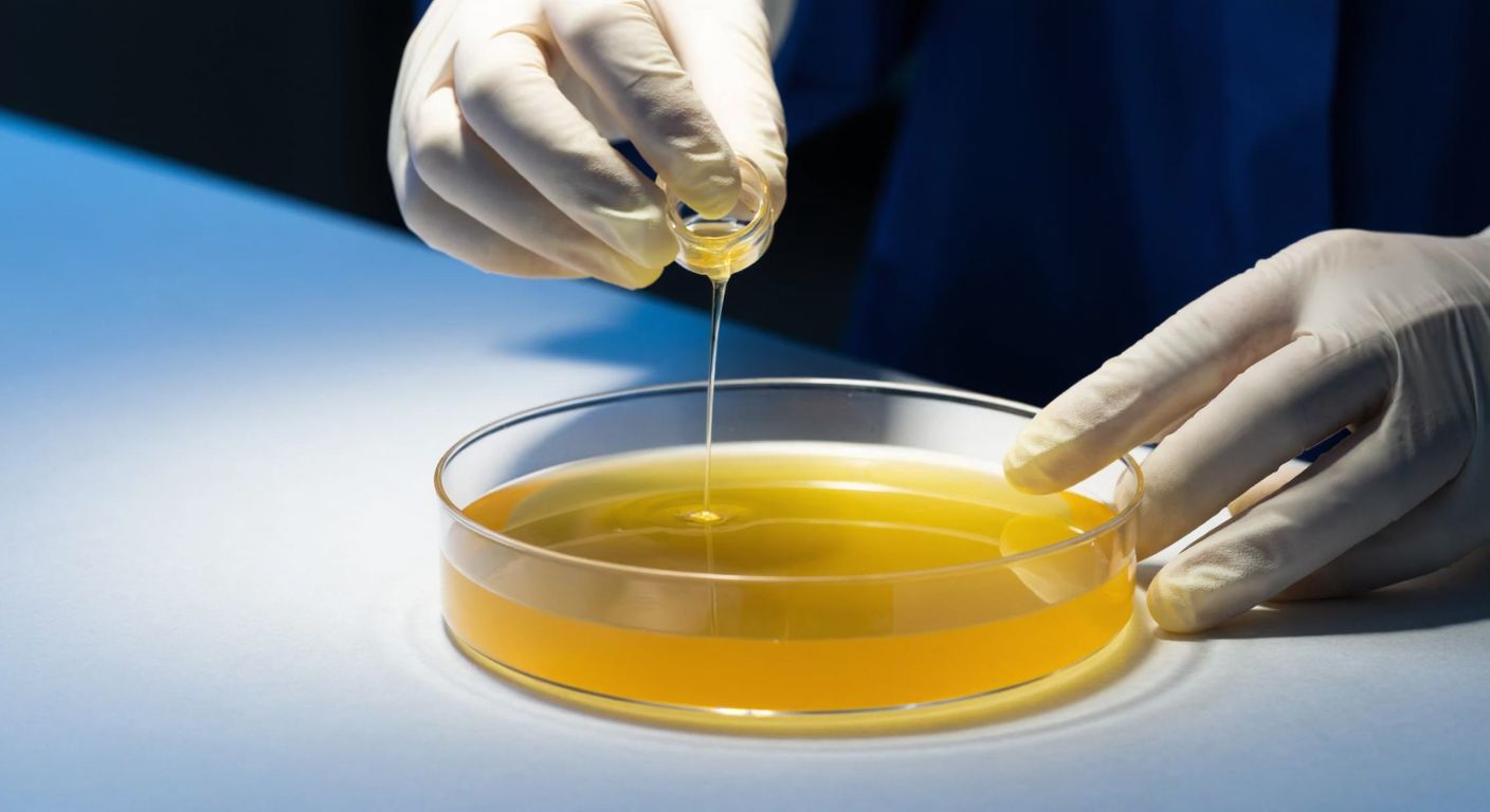 A clear glass Petri dish filled with golden-yellow agar, resting on a sterile lab bench under soft light, with gloved hands carefully pouring a nutrient solution into it.