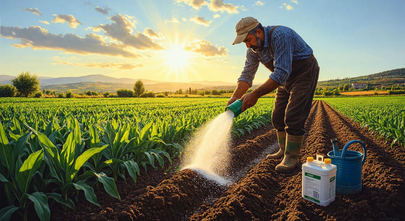A Turkish farmer in a sunlit field carefully sprinkling white magnesium nitrate fertilizer over vibrant green crops, with a soil testing kit nearby and a watering can ready for application.
