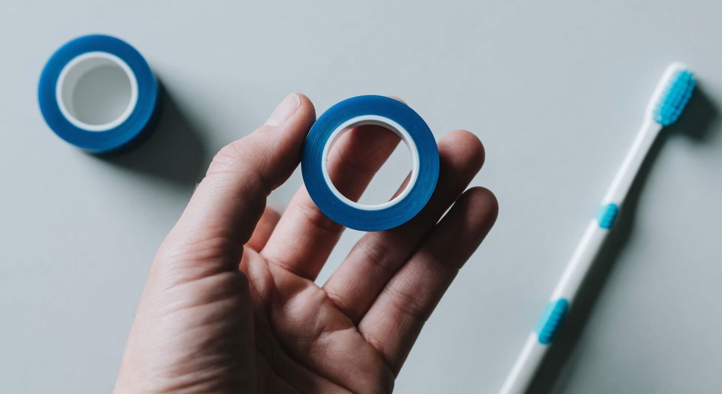 A close-up of a hand holding two types of dental floss—one thin and smooth (PTFE) and the other wider and flat (dental tape)—against a neutral background, with a toothbrush and toothpaste nearby.