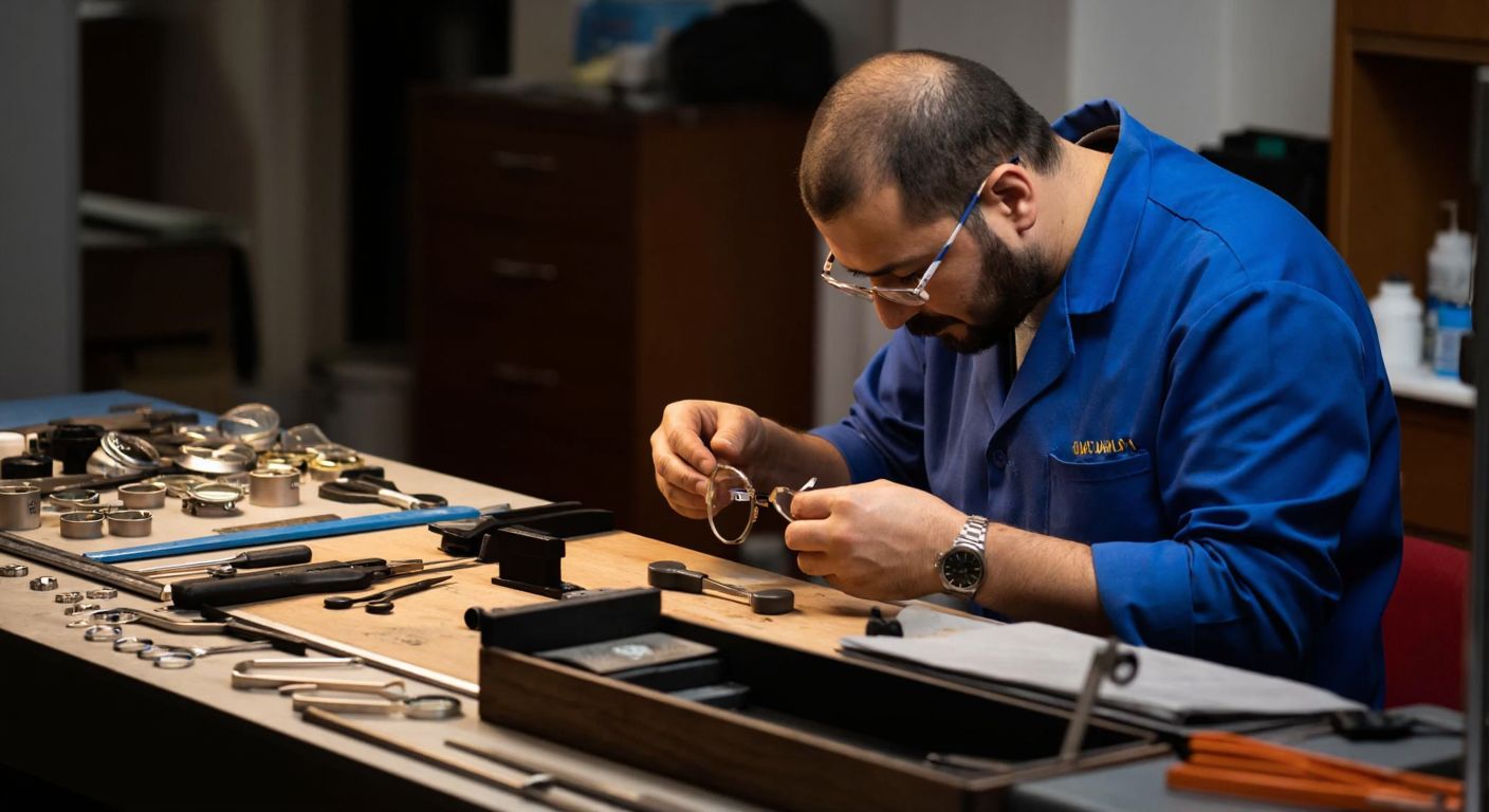 A skilled Turkish optician in a small workshop carefully replaces the hinge of a pair of glasses using precision tools, with neatly arranged spare parts and magnifying lenses on the wooden workbench.