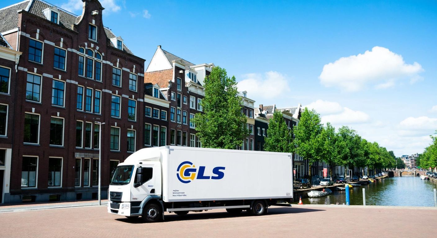 A modern logistics warehouse with a GLS-branded delivery truck parked outside, set against a backdrop of Amsterdam's canals and historic buildings.