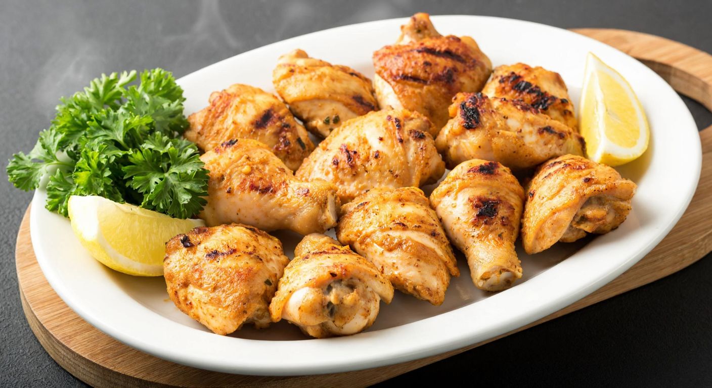 A steaming plate of golden-brown grilled chicken pieces, neatly arranged on a white ceramic dish, with a side of fresh parsley and lemon wedges, evoking the aroma and warmth of a popular Turkish fast-food meal.