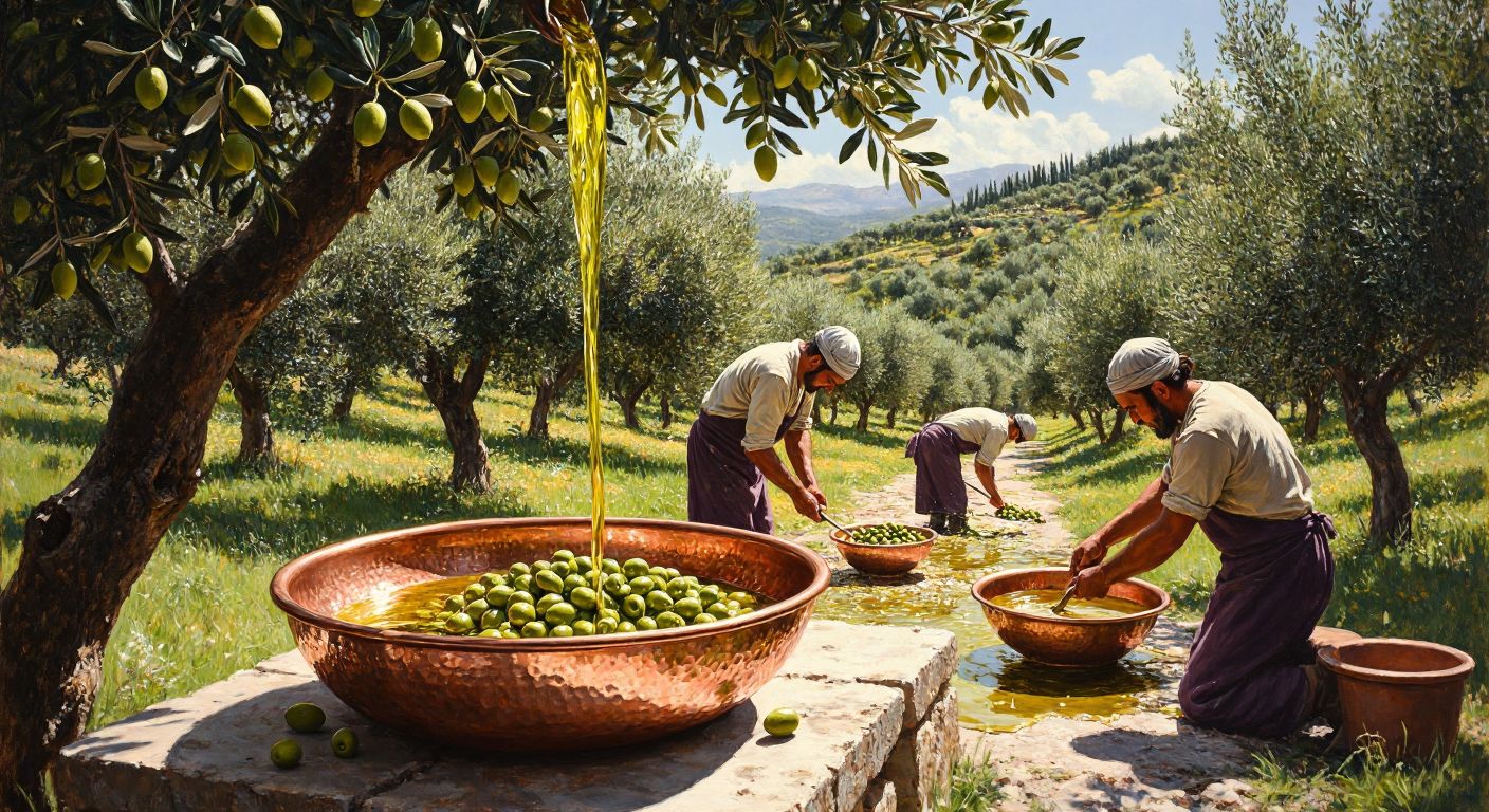 A sunlit olive grove in Turkey, with workers carefully harvesting vibrant green olives by hand, while golden olive oil drips from a traditional stone press into a gleaming copper bowl.