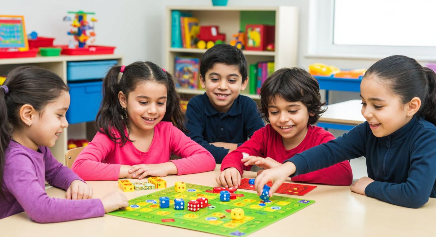 A group of diverse Turkish children in a bright classroom, smiling and playing colorful board games with dice and number cards, surrounded by shelves filled with educational toys and books.