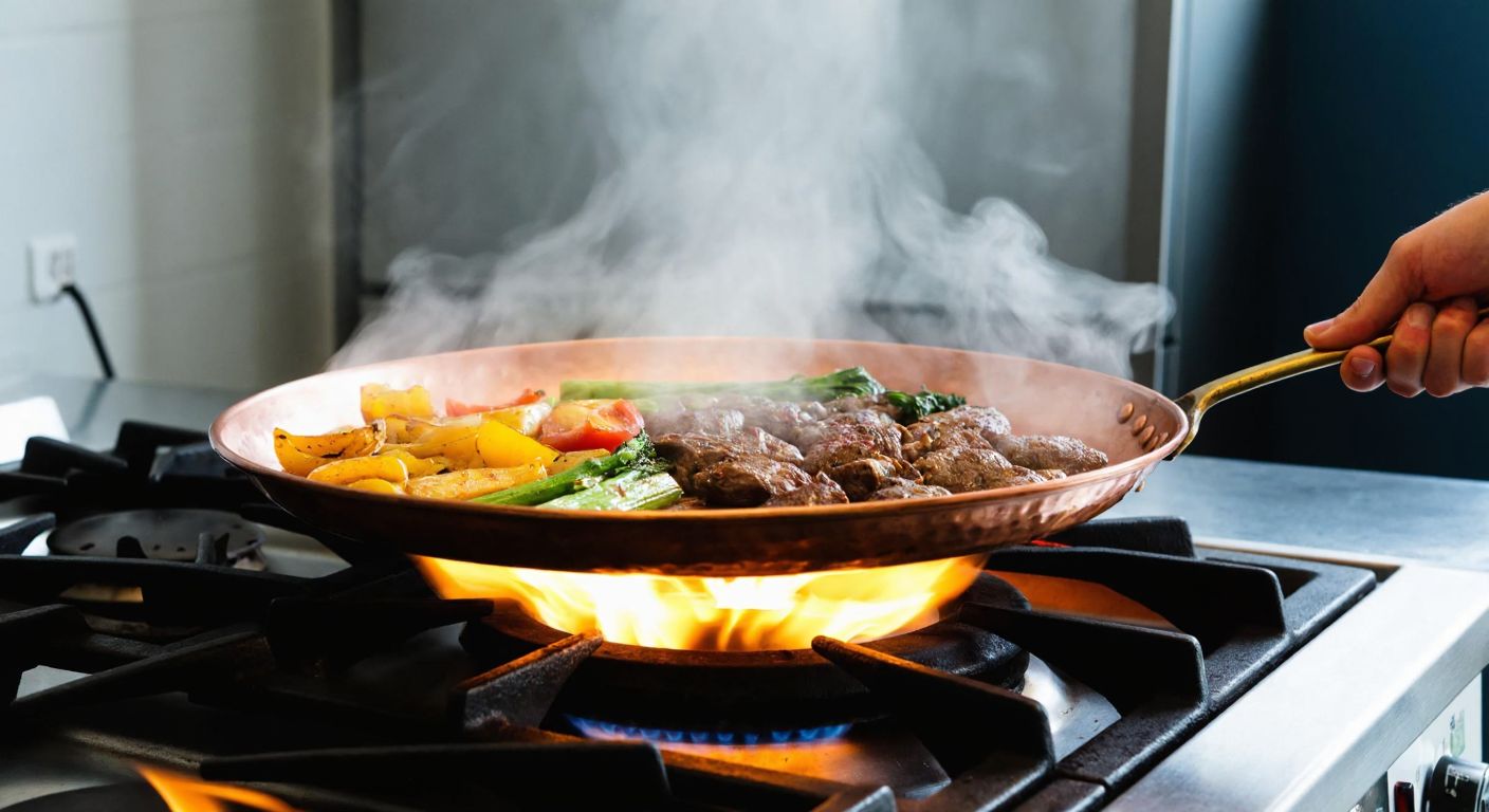 A traditional Turkish copper saç tava sizzling with marinated meat and vegetables over a high flame on a gas stove, with steam rising and a cook’s hand adjusting the heat.