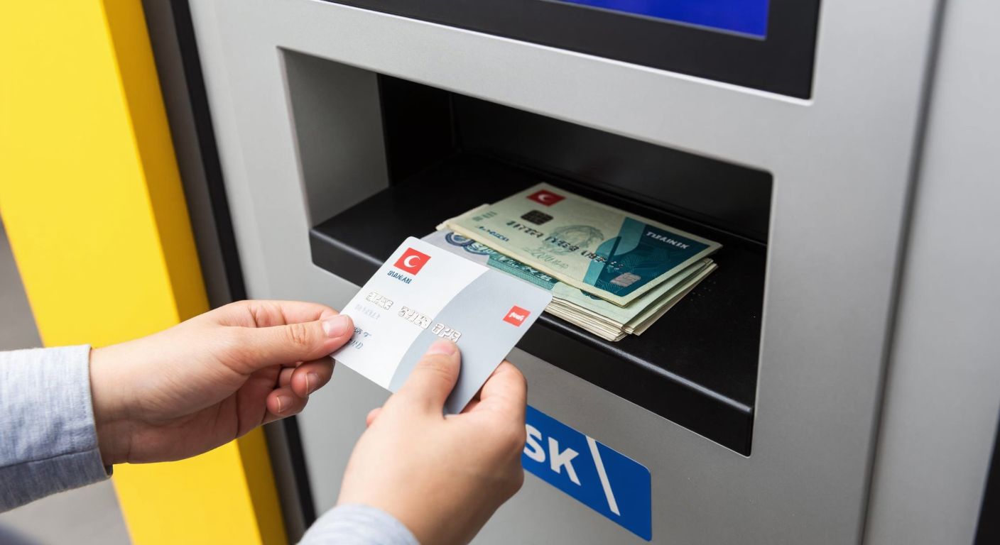 A person in a modern Turkish bank setting inserts a bank card into an ATM, with a stack of bills and a receipt visible in the machine's output tray, conveying convenience and financial transactions.
