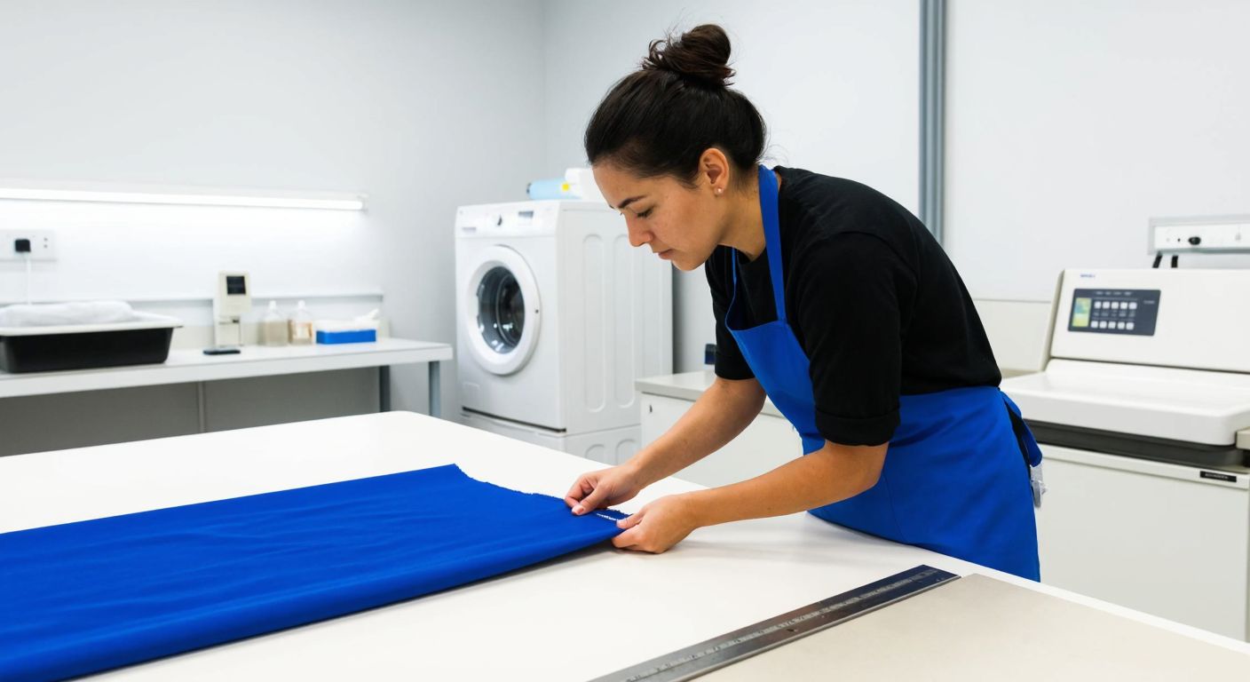A textile worker in a bright laboratory carefully measures a square fabric sample laid flat on a table, with a washing machine visible in the background.