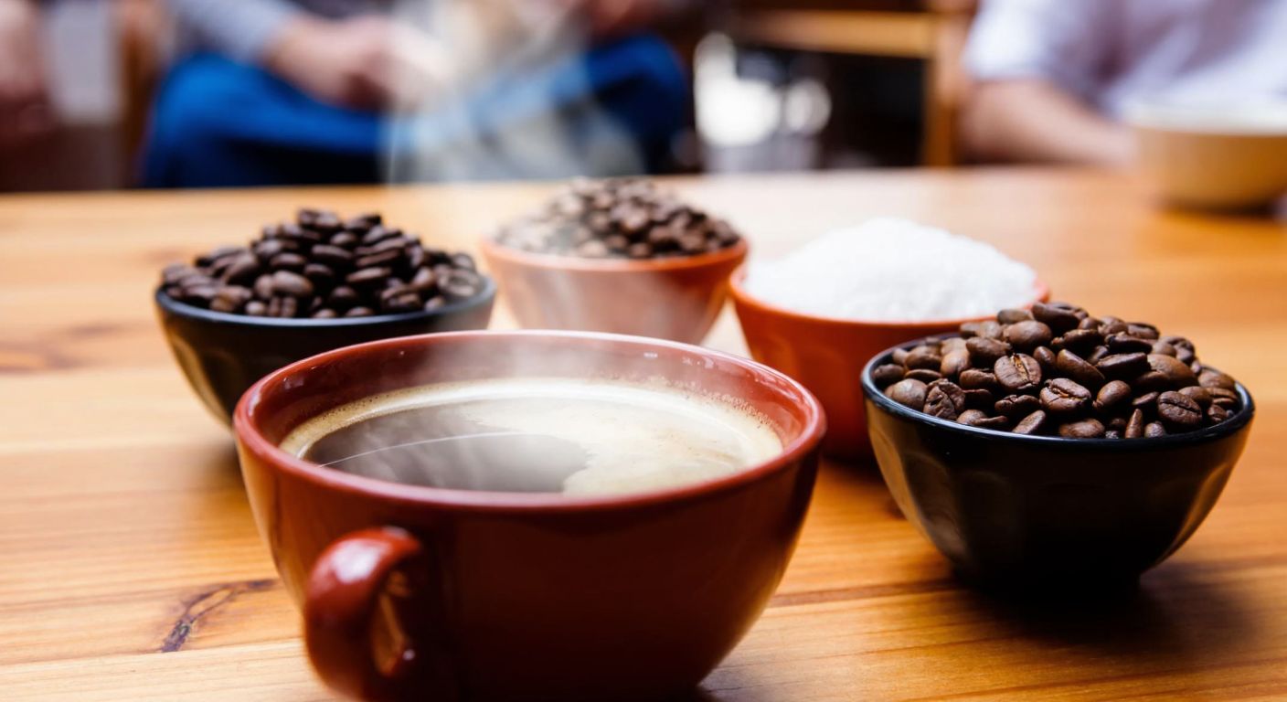 A wooden table in a cozy Turkish café holds small bowls of aromatic Arabica coffee beans from different regions, each with distinct colors and textures, while steam rises from a freshly brewed cup in the foreground.