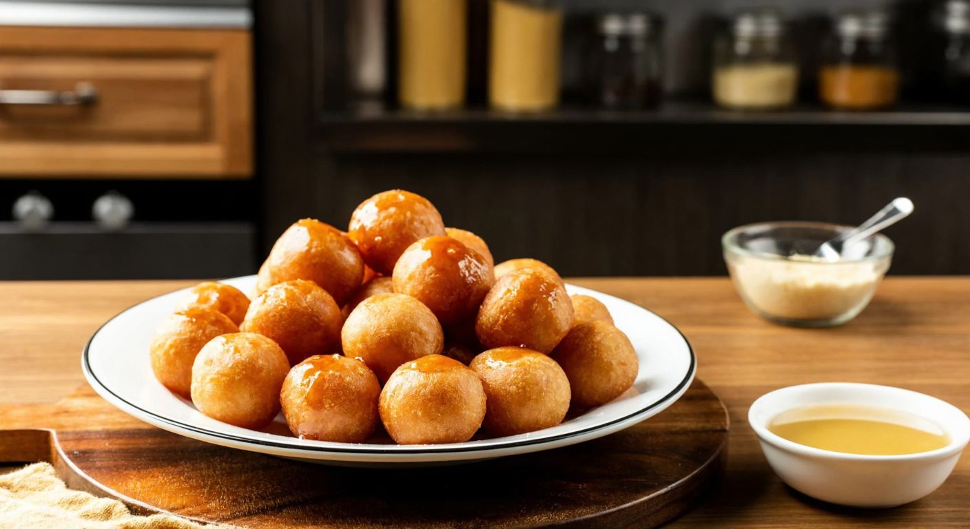 A golden-brown plate of crispy, syrup-drenched lokma pastries sits on a wooden table, with a small bowl of yeast nearby and a warm, inviting kitchen scene in the background.