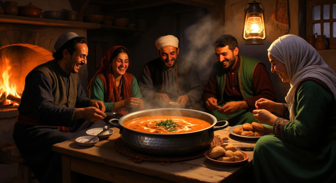 A steaming bowl of thick **arabaşı çorbası** sits on a rustic wooden table in a cozy Anatolian home, surrounded by smiling villagers in traditional clothing sharing laughter and warm bread under the soft glow of lantern light.
