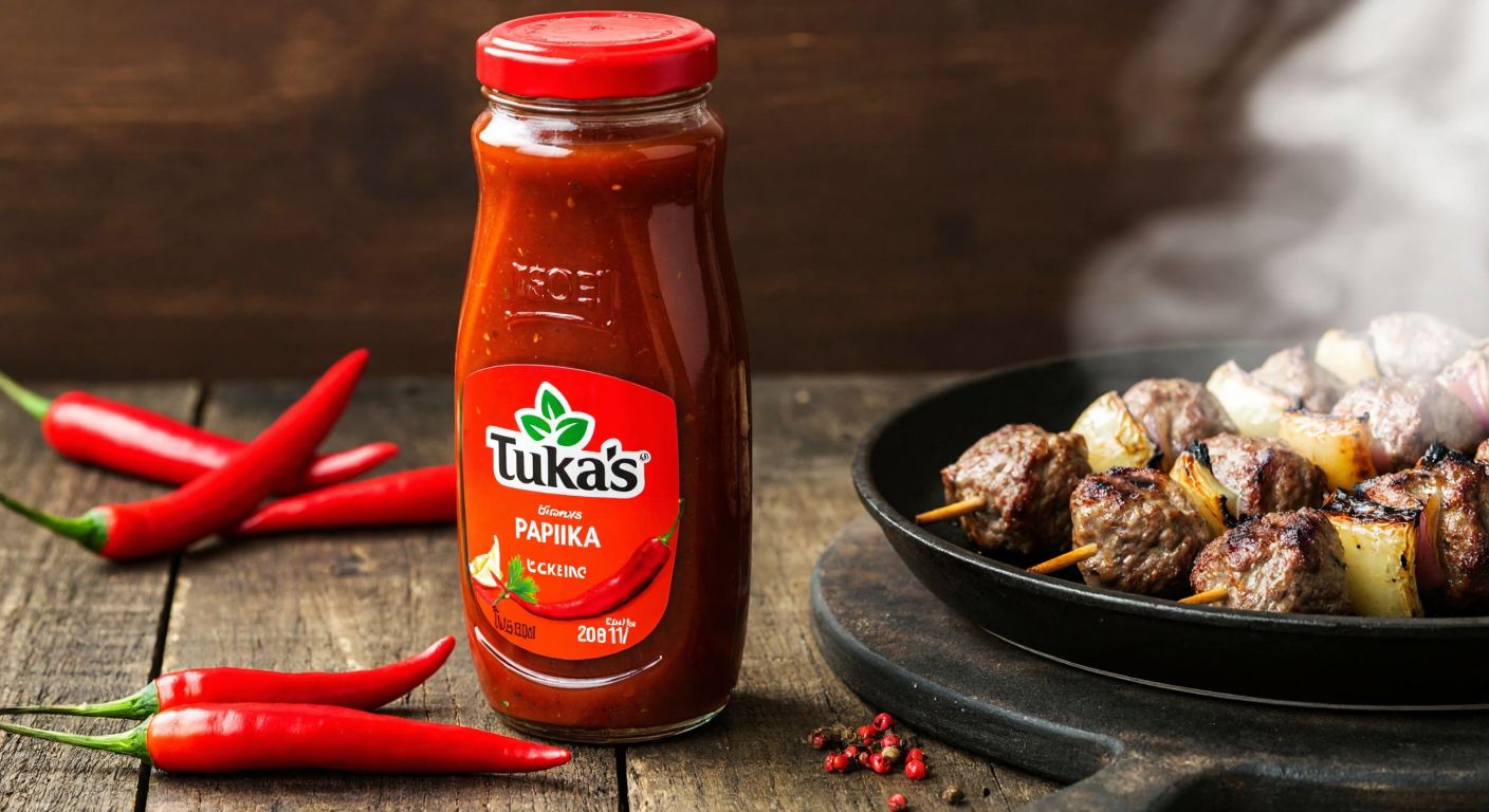 A vibrant red bottle of Tukaş Paprika sauce sits on a rustic wooden table next to a steaming plate of grilled kebabs, with a few fresh red chili peppers scattered around, evoking the spicy essence of Turkish cuisine.