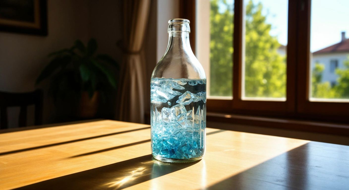 A clear glass bottle filled with water and tiny glass fragments, placed on a sunlit wooden table in a Turkish home, with a serene and reassuring atmosphere.