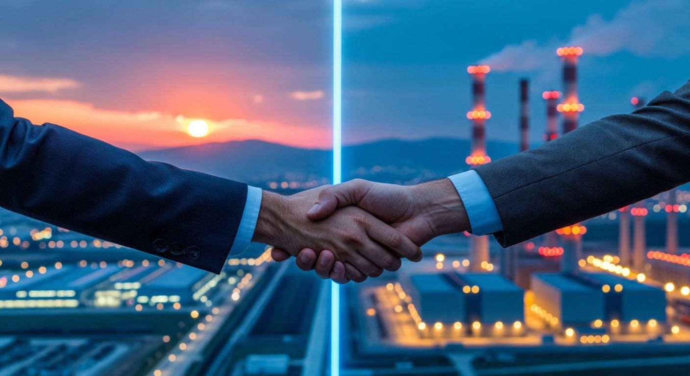 A split image showing two Turkish businessmen shaking hands on one side (representing the sale of shares) and a glowing power plant on the other (symbolizing Limak's energy assets), with the Bursa skyline faintly visible in the background.