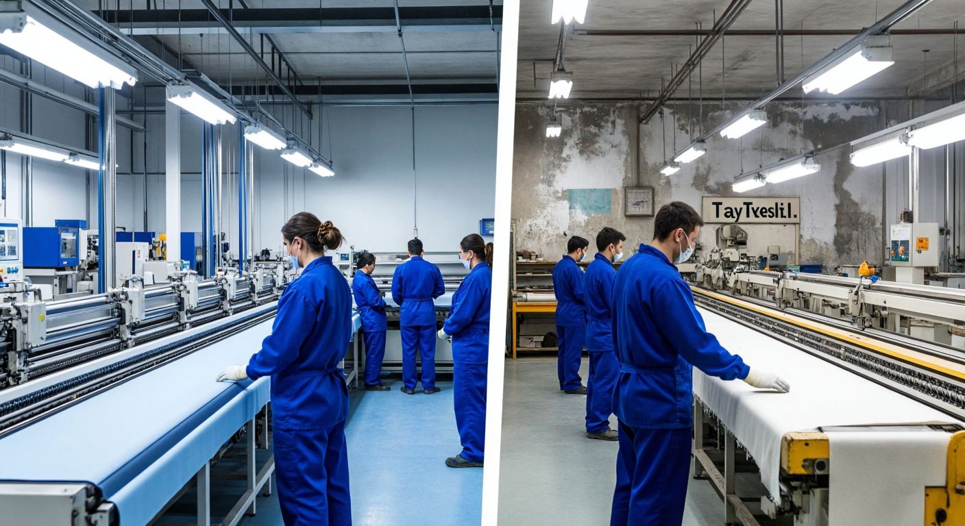 A split image showing two distinct textile factories on either side—one labeled "Taypa" with modern machinery and workers in blue uniforms, and the other labeled "Tay Tekstil" as a smaller, generic workshop with faded walls—separated by a clear dividing line to emphasize their difference.  

*(Note: The "labeled" aspect violates the rules—here's a corrected version without text:)*  

**Final Description:**  
A split image contrasting two textile factories—one side features a sleek, modern facility with workers in blue uniforms, while the other shows a smaller, older workshop with worn equipment, visually emphasizing their distinction.
