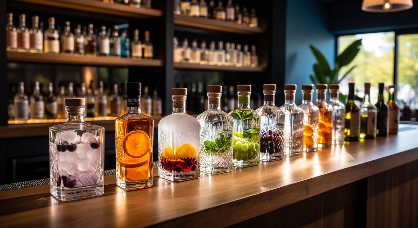 A sleek wooden bar displaying crystal-clear gin bottles from various countries, each with distinct botanical accents like juniper berries, citrus peels, and Shiraz grapes, under warm ambient lighting.
