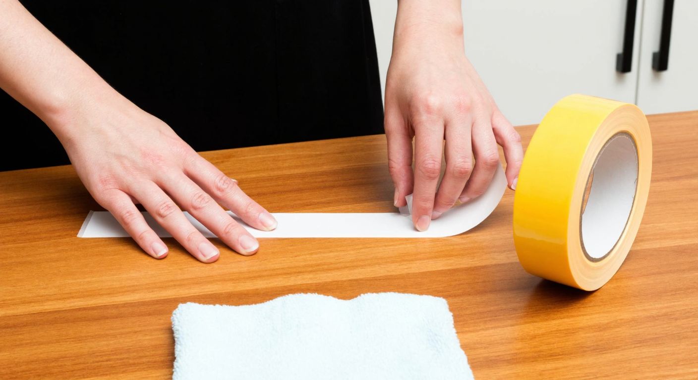 A close-up of a person's hands carefully pressing a strip of double-sided tape onto a clean wooden surface, with a roll of Technosmart tape and a dust cloth nearby.