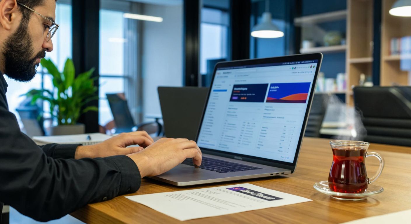 A focused Turkish businessperson in a modern office clicks a mouse on a laptop screen displaying the Hepsiburada seller dashboard, with a printed contract and steaming cup of Turkish tea on the wooden desk.
