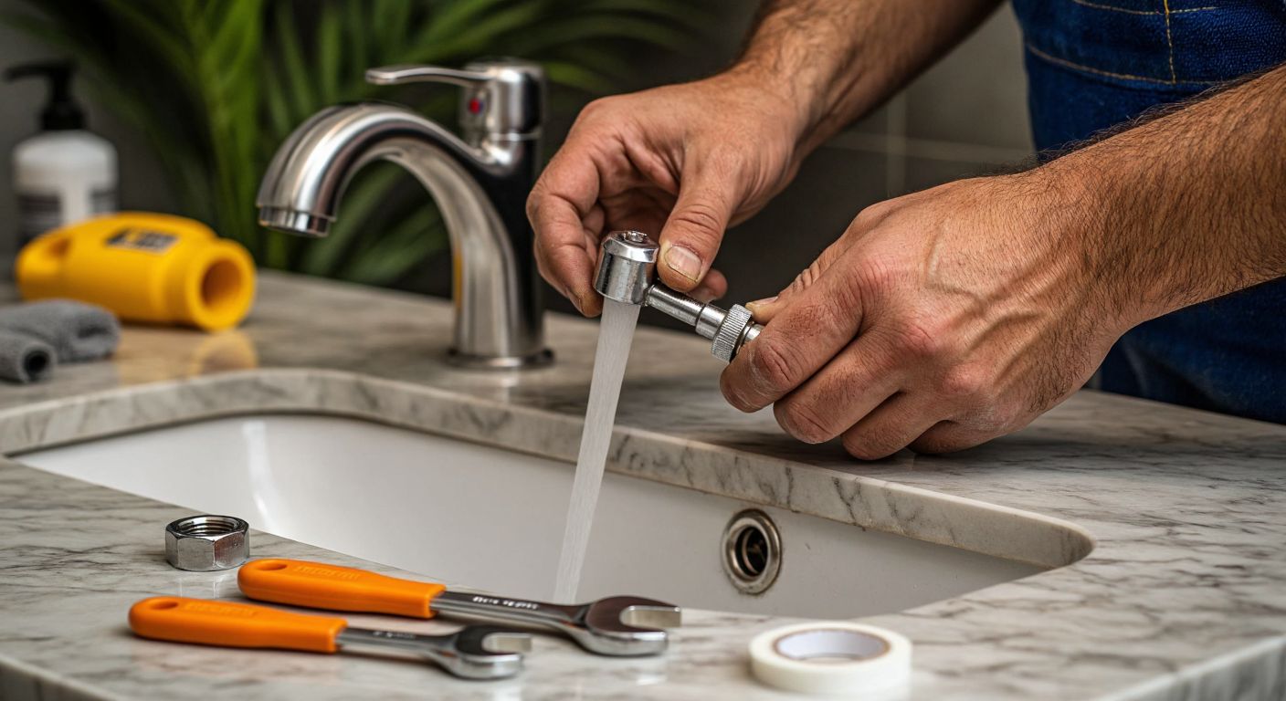 A close-up of a Turkish handyman’s rough, calloused hands carefully tightening the mounting screws of an oval-shaped sink faucet in a modern bathroom, with tools like a wrench and Teflon tape scattered on the marble countertop.