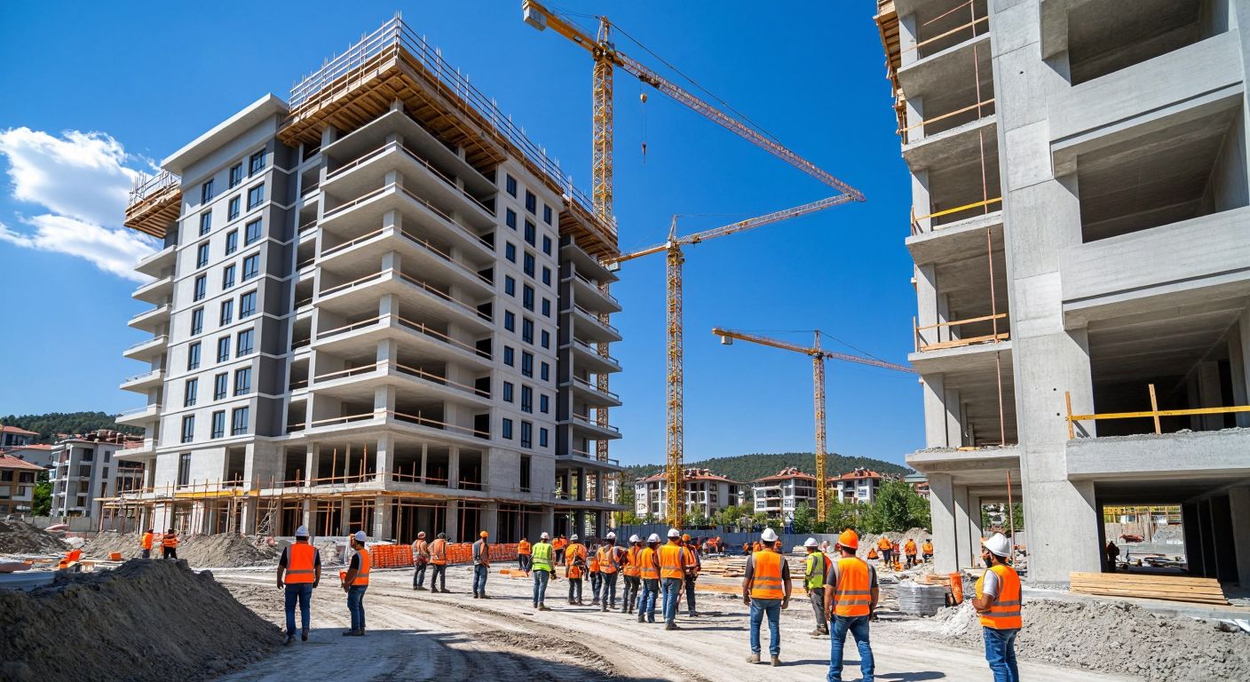 A modern construction site in Turkey with workers in hard hats and orange vests, bustling around a half-built high-rise under a bright blue sky, while a company sign for "Segrest İnşaat" stands prominently at the entrance.