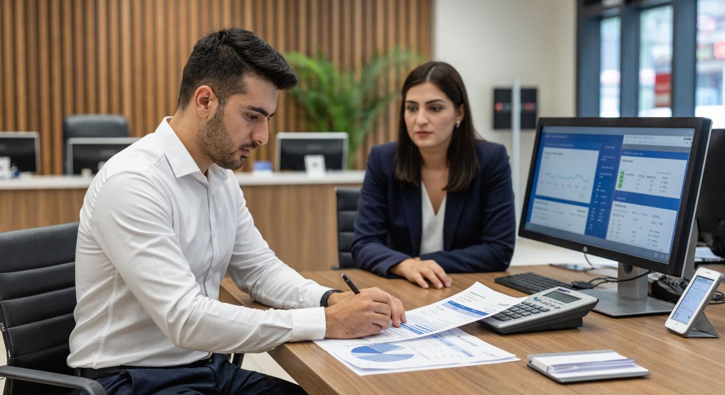 A Turkish man in a crisp white shirt and dark trousers sits at a wooden desk in a modern bank branch, intently studying a printed document with a calculator nearby, while a bank employee in a formal navy blazer gestures toward a computer screen displaying financial information.