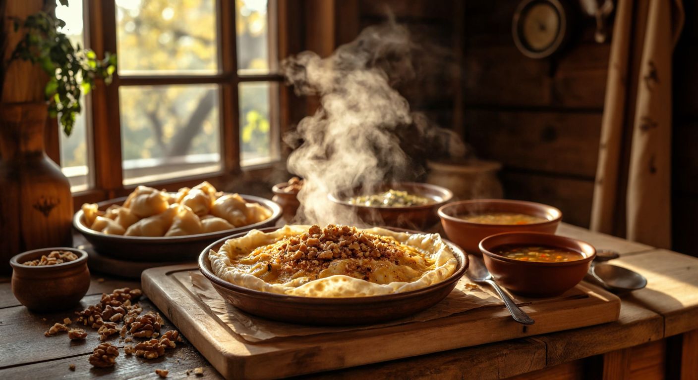 A rustic wooden table in a cozy Kastamonu home holds a steaming plate of banduma, surrounded by fresh yufka dough, shredded chicken, crushed walnuts, and a bowl of rich broth, with warm light casting a golden glow over the scene.